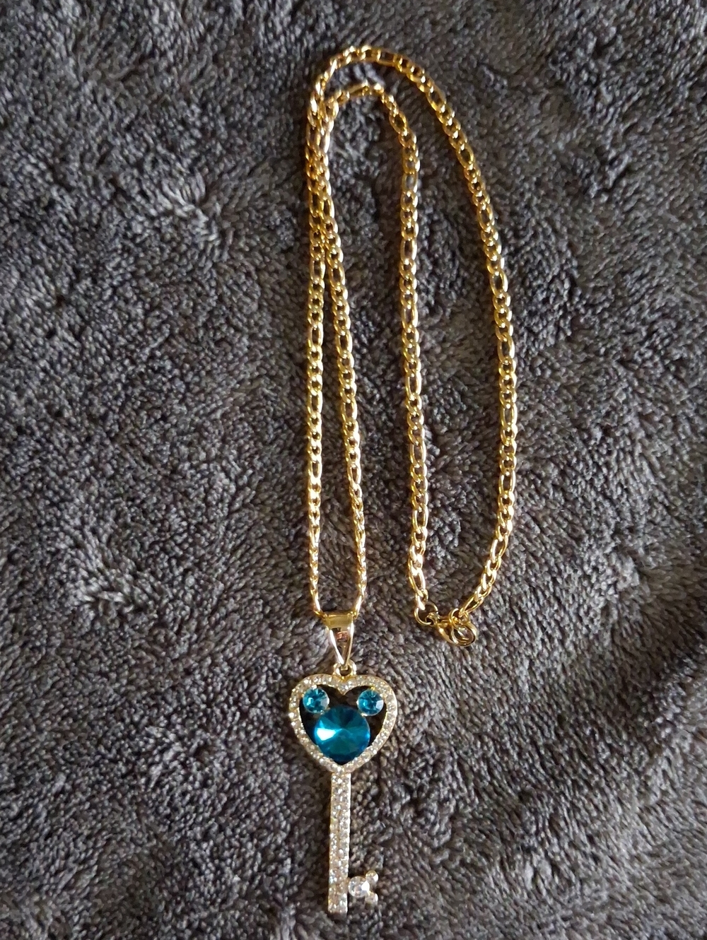 Gold-Tone Key Pendant Necklace with Blue Heart Crystal